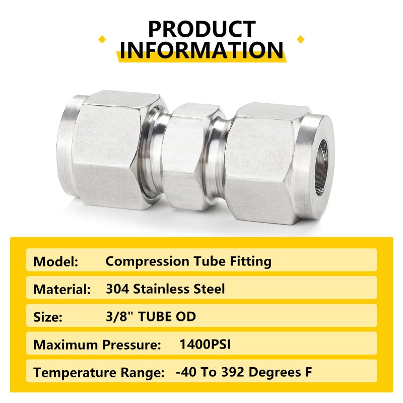 Yoebor Metalwork 304 Stainless Steel Compression Tube Fitting, Union, 3/8" OD x 3/8" OD (2 Pcs) - Image 3